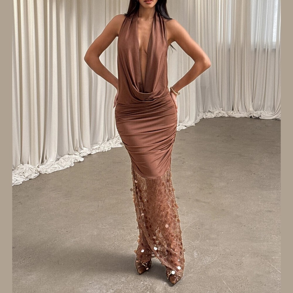 Brown Draped Halter Ruched Plunge Neck Sequin Hem Bodycon Maxi Dress
